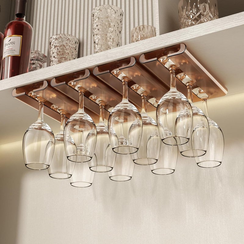 AQJUNONG 4Pack Wine Glass Rack, Punch-free Under Cabinet Stemware Rack for Kitchen and Bar (Amber) - Image 1